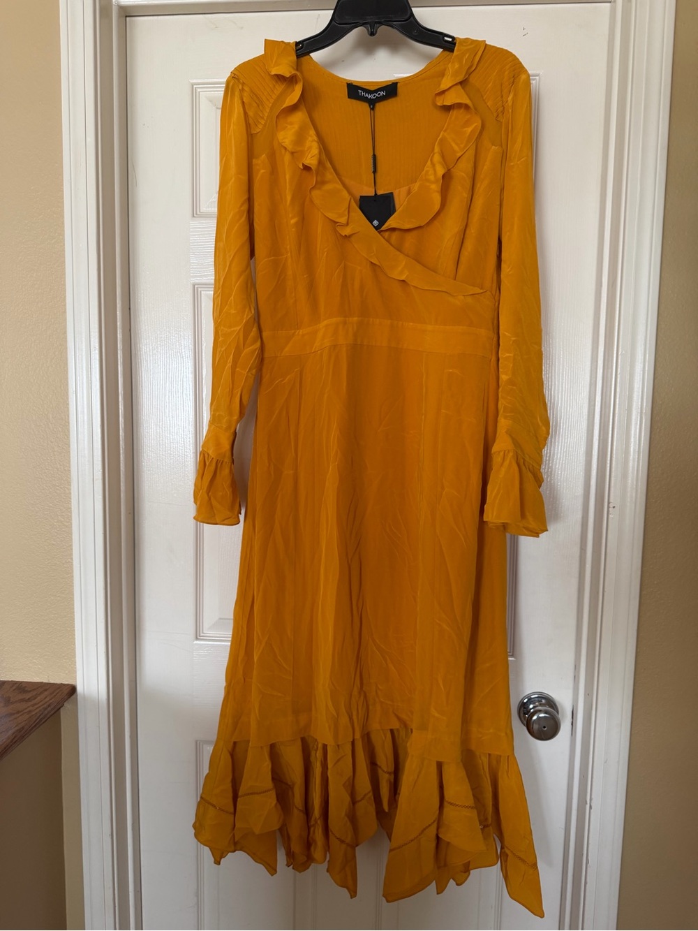 Thakoon Silk Mustard Ruffle-Trim Long Sleeve Dress-8